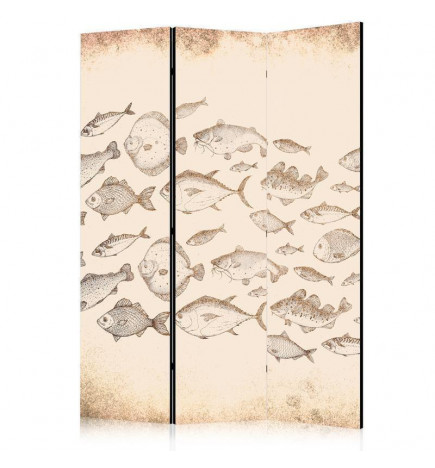 Paravento - Sketch of a Fish School - Sketches of Various Fish Species Swimming in a School on a Beige Background in Vin