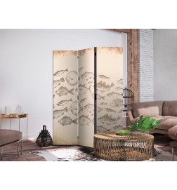 Paravento - Sketch of a Fish School - Sketches of Various Fish Species Swimming in a School on a Beige Background in Vin