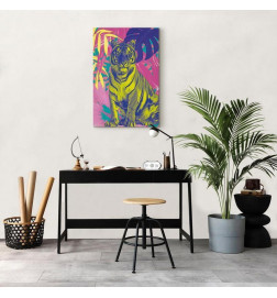 Leinwandbild - Colorful Tiger - Intense Colors of a Tiger Surrounded by Tropical Plants