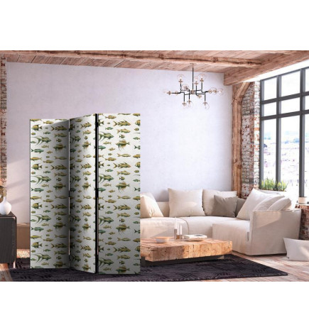 Sirm - Unusual Species of Fish - A Cluster of Fish in Muted Colors in Retro Style on a Background of Beige Strokes