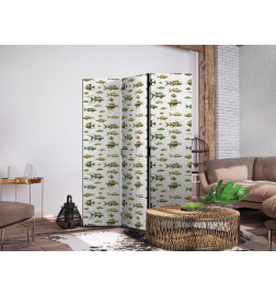 Paravento - Unusual Species of Fish - A Cluster of Fish in Muted Colors in Retro Style on a Background of Beige Strokes