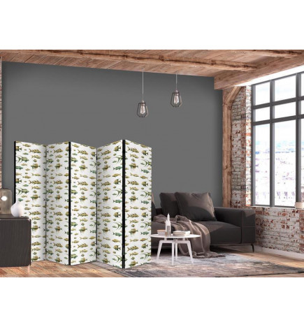 Sirm - Unusual Species of Fish - a Cluster of Fish in Muted Colors in Retro Style Against a Background of Beige Streaks