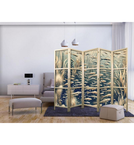 Japanese Room Divider - Life in The Ocean - Underwater World of Fish And Vegetation in Beige And Navy Colors in Retro St