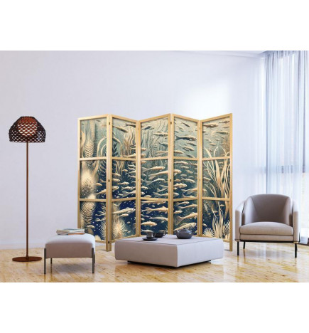 Japans kamerscherm - Life in The Ocean - Underwater World of Fish And Vegetation in Beige And Navy Colors in Retro Style