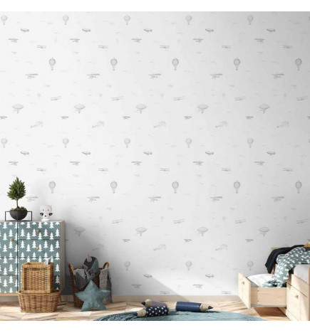 Tapeta - Drawing - Airplanes - balloons - and airships against a sky full of birds