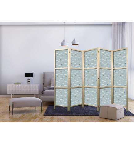 Japanese Room Divider - Illustration - Yellow-Blue Airplanes Against a Blue Sky