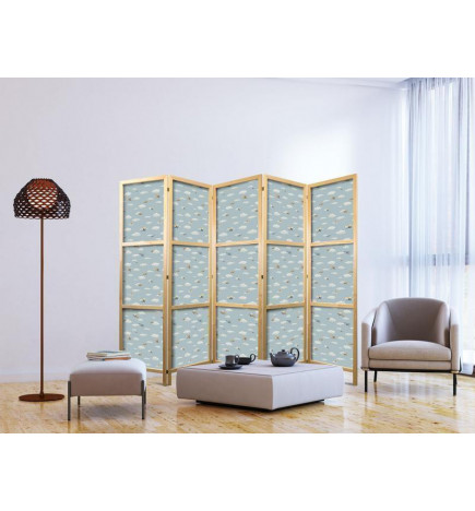 Japanese Room Divider - Illustration - Yellow-Blue Airplanes Against a Blue Sky