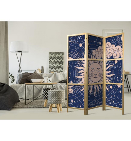 Paravento giapponese - Cosmic Harmony - Illustration of the Sun and Moon on a Navy Background