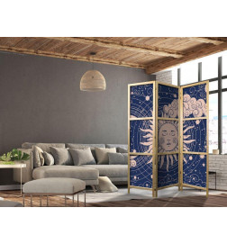 Japanischer Paravent - Cosmic Harmony - Illustration of the Sun and Moon on a Navy Background