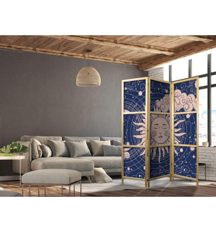 Paravento giapponese - Cosmic Harmony - Illustration of the Sun and Moon on a Navy Background