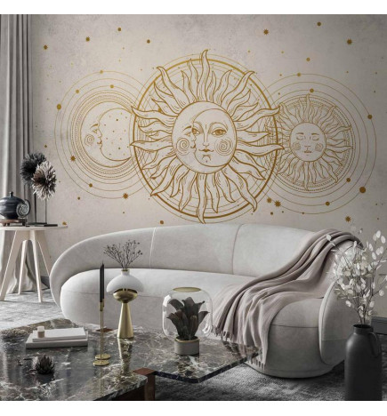 Wall Mural - Golden Sun and Moon - Artistic Illustration in Retro Style