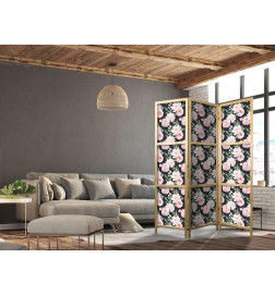 Japans kamerscherm - Peonies - Pink Flowers and Green Leaves on a Graphite Background