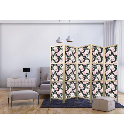 Japonska pregrada - Peonies - Pink Flowers and Green Leaves on a Graphite Background