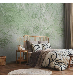 Papier peint - Flowery meadow - nature with field flowers lineart on green background