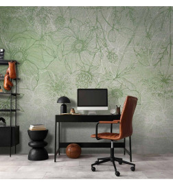 Fotobehang - Flowery meadow - nature with field flowers lineart on green background