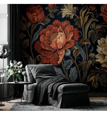Fototapeet - Tapestry Large Flowers Retro Floral Motif in Kilim Style