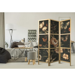 Japanese Room Divider - Mysterious Garden - Butterflies Flying Over Flowers - Rustic Evening