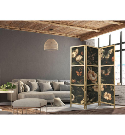 Paravent japonais - Mysterious Garden - Butterflies Flying Over Flowers - Rustic Evening