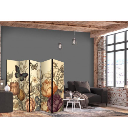 Vouwscherm - Tulips in Cream - Illustration of Flowers and Butterflies on a Light Background
