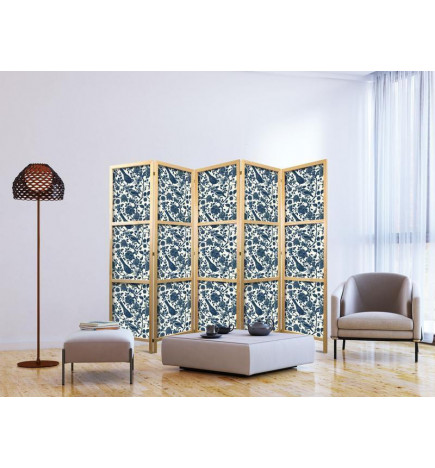 Japanese Room Divider - Rose Vines - Monochromatic Blue Birds Resting Among Roses