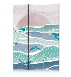 Room Divider - Picturesque Landscape With Fish - Sunset And Koi Fish in Shades of Turquoise And Blue Floating Above The