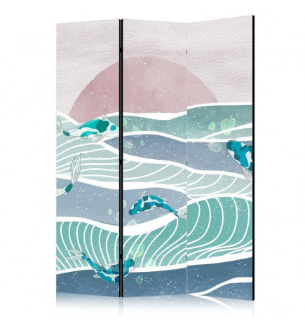 Biombo - Picturesque Landscape With Fish - Sunset And Koi Fish in Shades of Turquoise And Blue Floating Above The Water