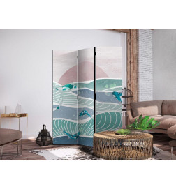 Biombo - Picturesque Landscape With Fish - Sunset And Koi Fish in Shades of Turquoise And Blue Floating Above The Water