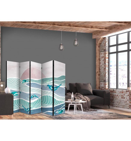 Room Divider - Picturesque Landscape With Fish - Sunset And Koi Fish in Shades of Turquoise And Blue Floating Above The