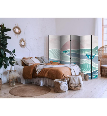 Sirm - Picturesque Landscape With Fish - Sunset And Koi Fish in Shades of Turquoise And Blue Floating Above The Water