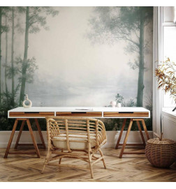 Fototapeta - Retro Landscape - Grove Trees and Pond in Patinated Shades of Green
