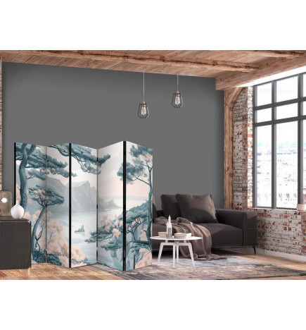 Vouwscherm - Mountainous Coast with Trees and Rocks - in Light Pastel Blues