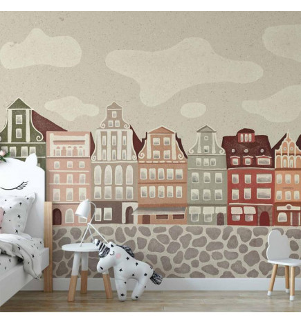 Fotobehang - Salt Square - Colorful Illustrated Townhouses Against a Cloudy Sky Background