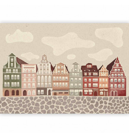 Fototapete - Salt Square - Colorful Illustrated Townhouses Against a Cloudy Sky Background