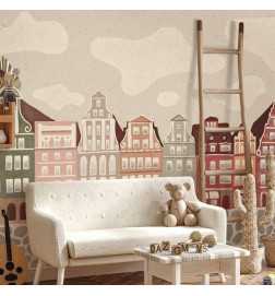 Mural de parede - Salt Square - Colorful Illustrated Townhouses Against a Cloudy Sky Background