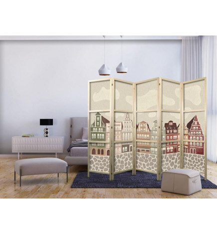 Paravento giapponese - Solny Square - Colorfully Illustrated Townhouses Against a Sky with Clouds