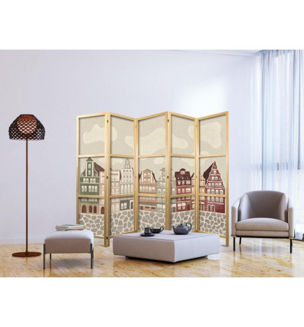 Paravento giapponese - Solny Square - Colorfully Illustrated Townhouses Against a Sky with Clouds