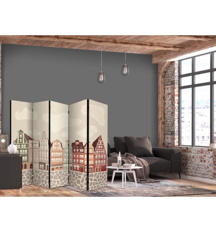 Room Divider - Salt Square - Colorful Illustrated Townhouses Against a Sky with Clouds Background