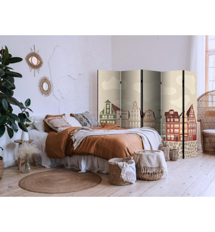 Paravan - Salt Square - Colorful Illustrated Townhouses Against a Sky with Clouds Background