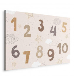 Tableau - Jumping Numbers - Numbers in a Subdued Beige-Brown Hue Among Snowflakes Stars and Clouds