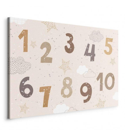 Paveikslas - Jumping Numbers - Numbers in a Subdued Beige-Brown Hue Among Snowflakes Stars and Clouds