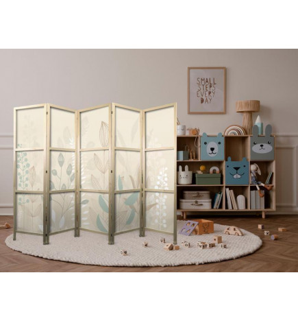 Paravan japonez - Morning in the Meadow - Various pastel plants on a beige background