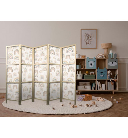 Japanese Room Divider - Spring - Pastel rainbows on a rainy day with hearts