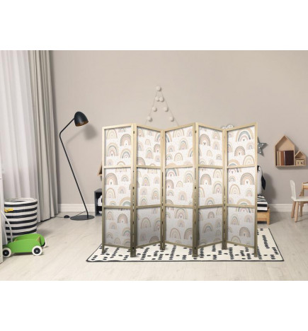 Japanese Room Divider - Spring - Pastel rainbows on a rainy day with hearts