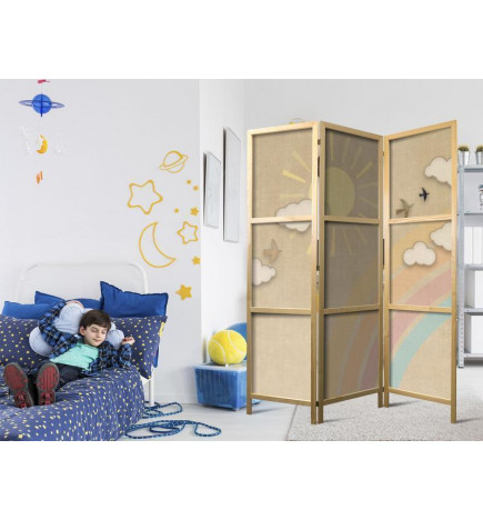 Paravento giapponese - Holiday Sky - A Rainbow on a Sunny Day and Flying Birds