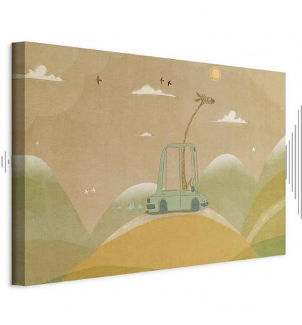 Tablou - Dreamy Traveler - A Cheerful Giraffe Driving a Car on a Sunny Day
