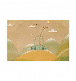 Schilderij - Dreamy Traveler - A Cheerful Giraffe Driving a Car on a Sunny Day