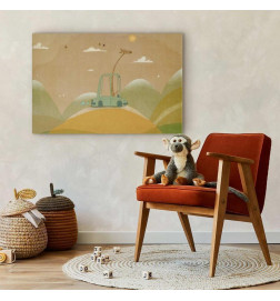 Tablou - Dreamy Traveler - A Cheerful Giraffe Driving a Car on a Sunny Day