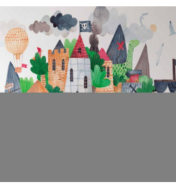 Carta da parati - A colourful treasure island with a castle - a pirate ship at sea for children