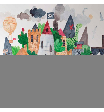 Fototapetas - A colourful treasure island with a castle - a pirate ship at sea for children