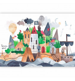 Fototapete - A colourful treasure island with a castle - a pirate ship at sea for children